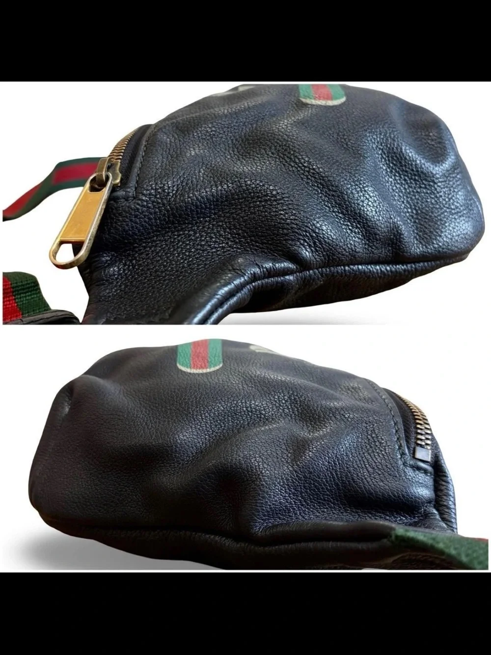 GUCCI Black Leather Logo Web Stripe Belt Bag